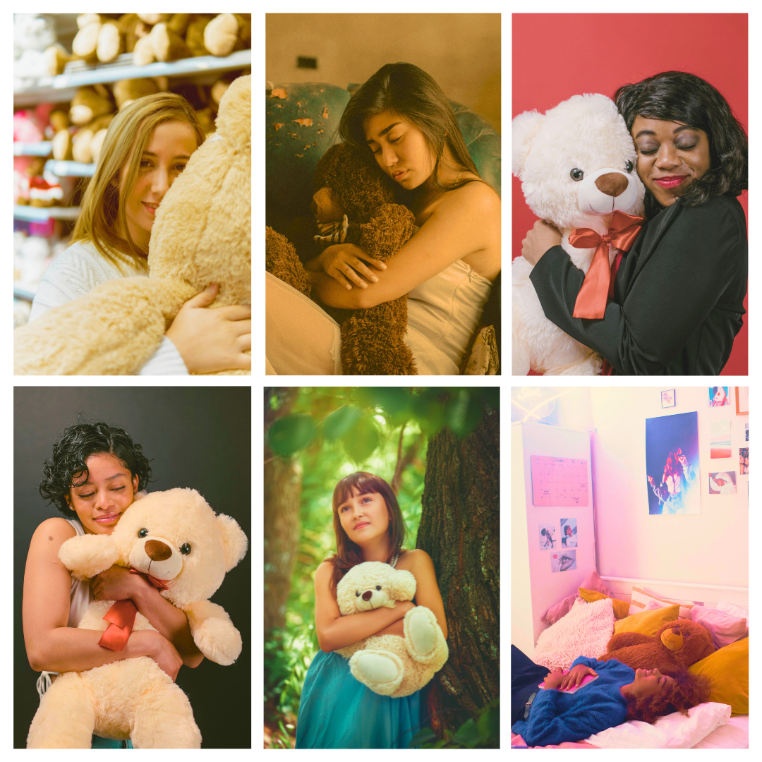 Collage of people joyfully hugging plush teddy bears in various settings including a store, bedroom, forest, and studio, showcasing The Hug Shop’s comforting and huggable stuffed animal collection designed to bring warmth and happiness.