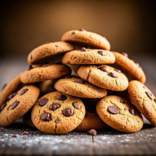Close-up of freshly baked chocolate chip cookies on a wooden surface, highlighting The Hug Shop’s cookie add-on to complement plush teddy bear gifts and cozy gift sets.